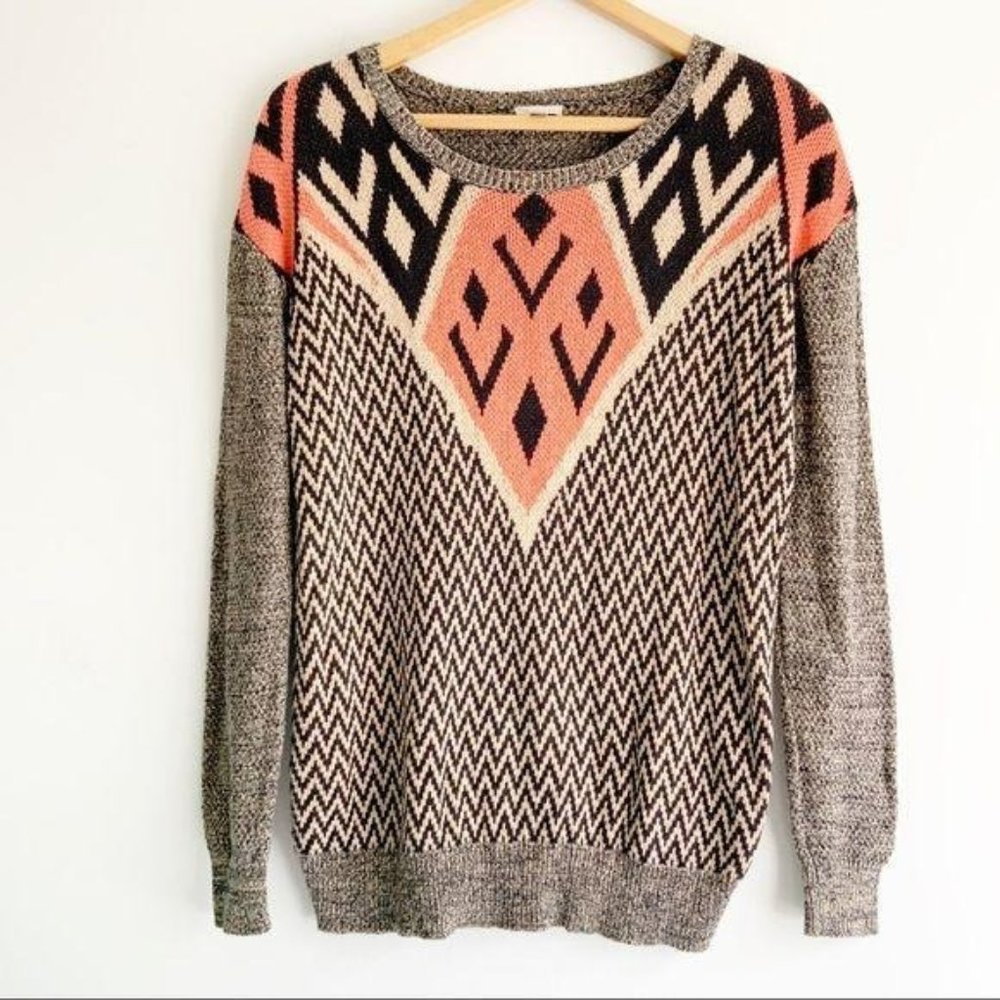 Ecote Brown Black Chevron Diamond Knit Long Sleeve Sweater